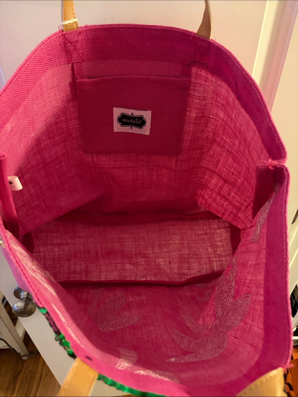 Mud Pie Pink Tote with Green and Gold Sequin Palms - Picture 6 of 6